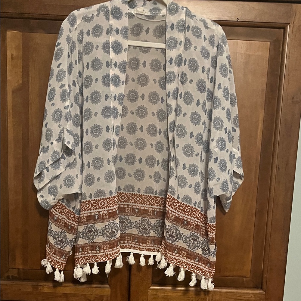 Garage White & Rust Patterned Tassel Kimono